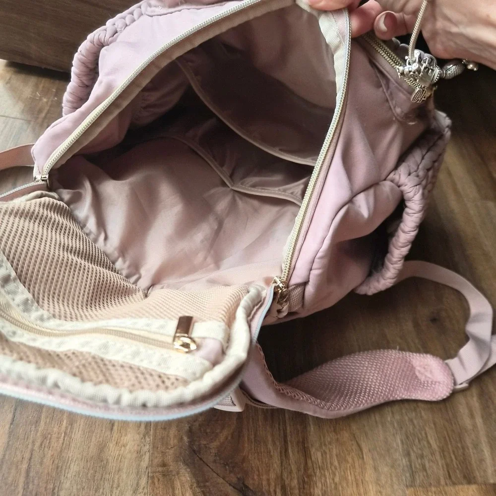 Mommore Diaper Bag Backpack Pink Braided Quilted Travel Bag Puffy Changing Pad